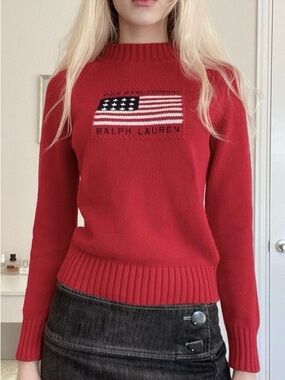 Ralph Lauren Red Flag-Knit Crewneck Sweater